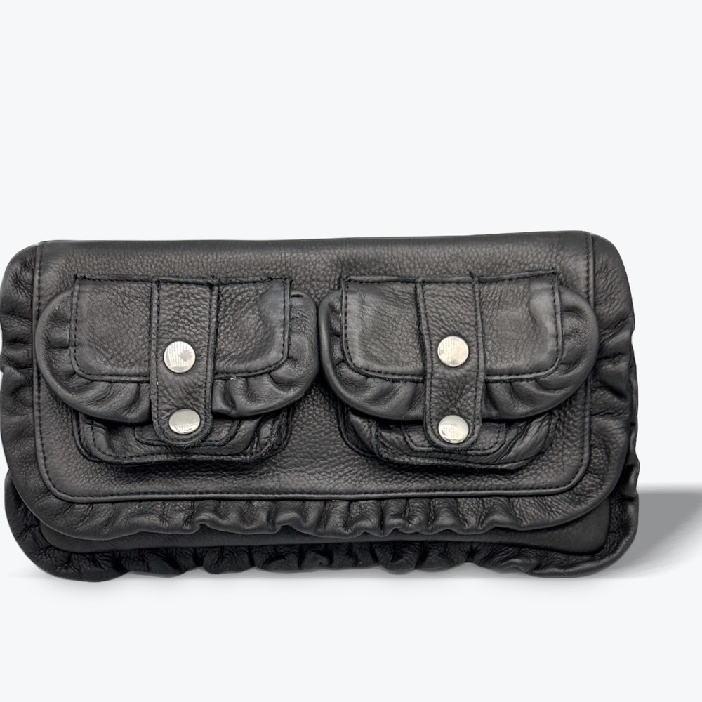 Treesje‎ Leather Flap Clutch 80s Inspired Handbag Black Ruffle Evening Bag